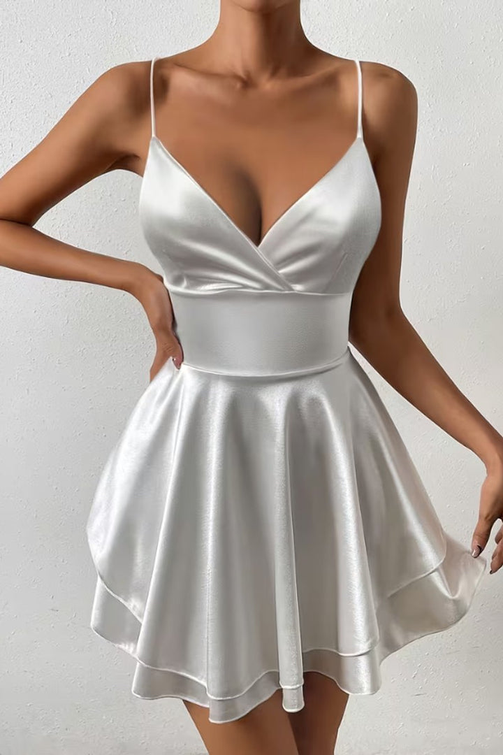 Women's Satin Open-Back Mini Cocktail Dress Pleated Skater Skirt - White