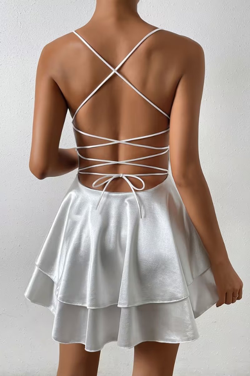 Women's Satin Open-Back Mini Cocktail Dress Pleated Skater Skirt