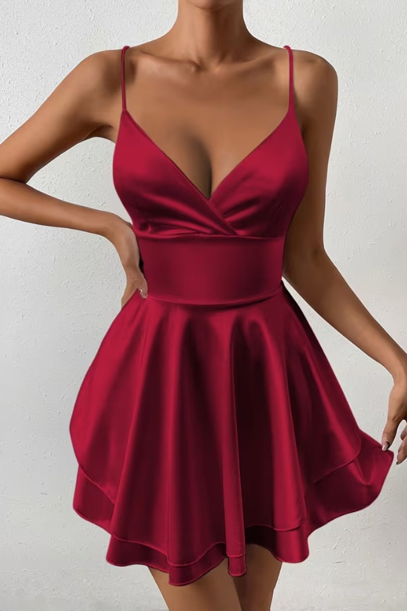 Women's Satin Open-Back Mini Cocktail Dress Pleated Skater Skirt - Burgundy Red