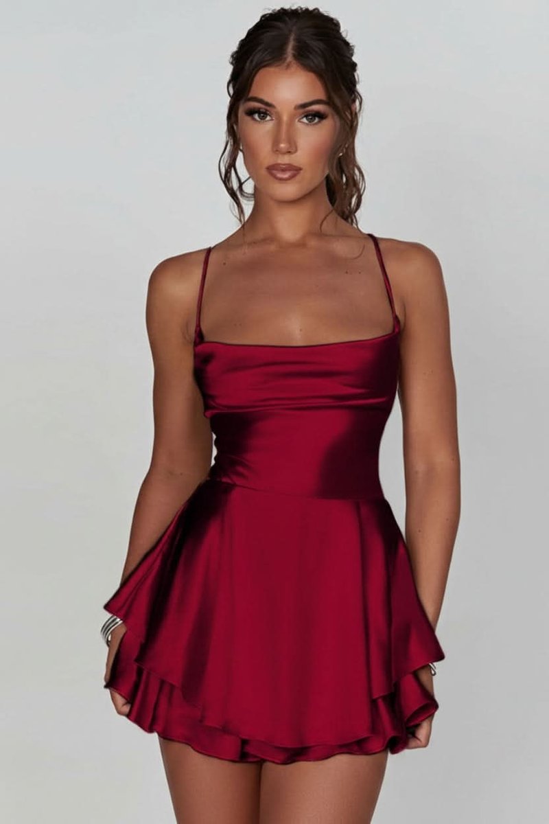 Women's Satin Square-Neck Ruffle Flared Mini Cocktail Dress - Brick Red