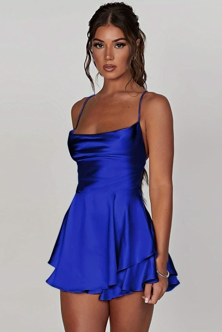 Women's Satin Square-Neck Ruffle Flared Mini Cocktail Dress - Royal Blue