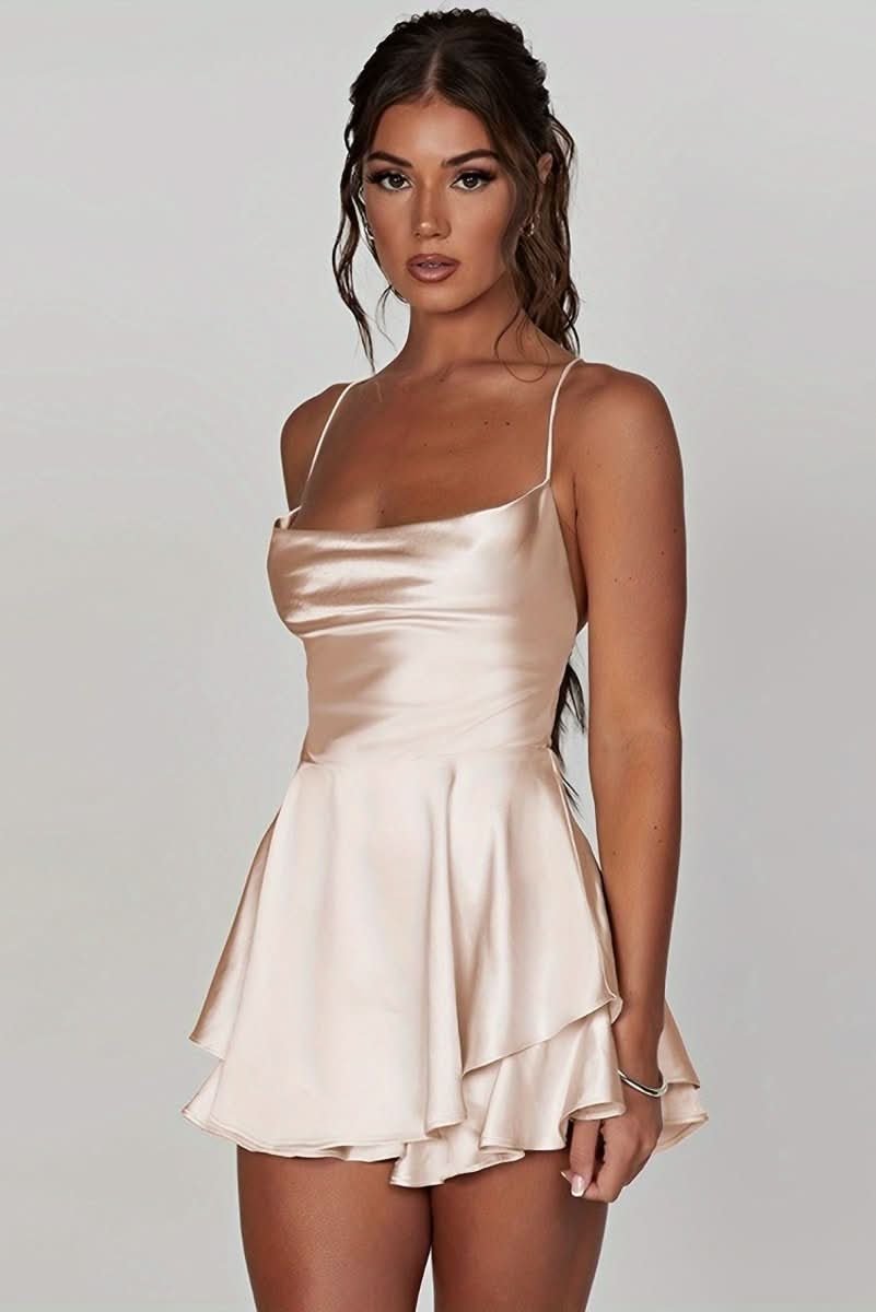 Women's Satin Square-Neck Ruffle Flared Mini Cocktail Dress - Milky