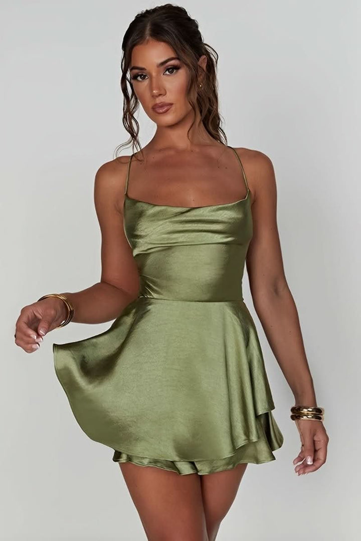 Women's Satin Square-Neck Ruffle Flared Mini Cocktail Dress - Matcha