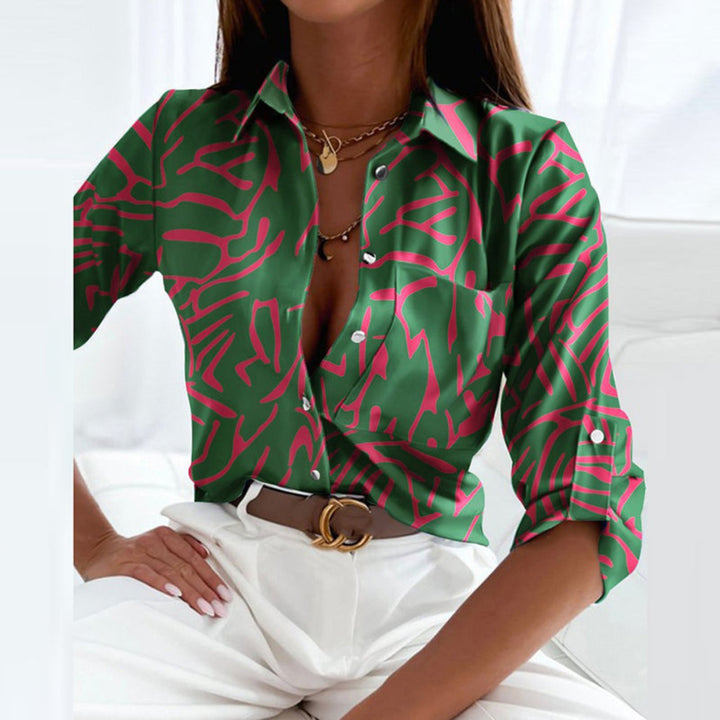 Women's Satin Striped Long-Sleeve Button-Down Blouse - Dark Green