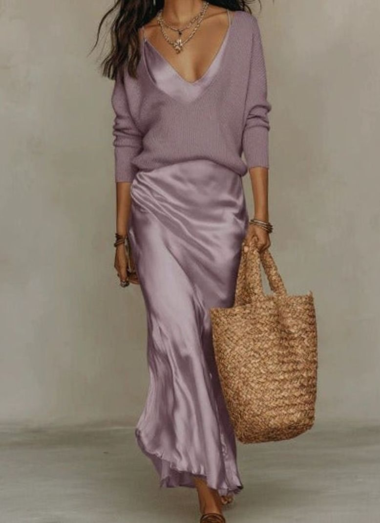 Women's Satin V-Neck Spaghetti Strap Maxi Slip Dress - Purple