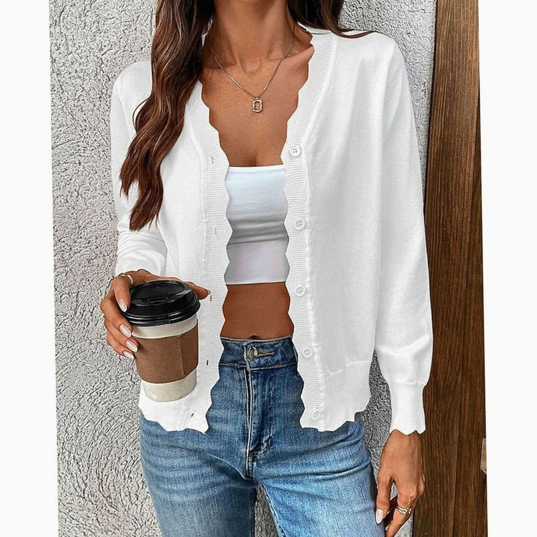 Women's Scalloped-Edge V-Neck Button-Front Knit Cardigan - White