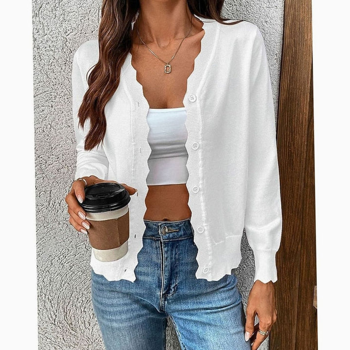 Women's Scalloped-Edge V-Neck Button-Front Knit Cardigan - White