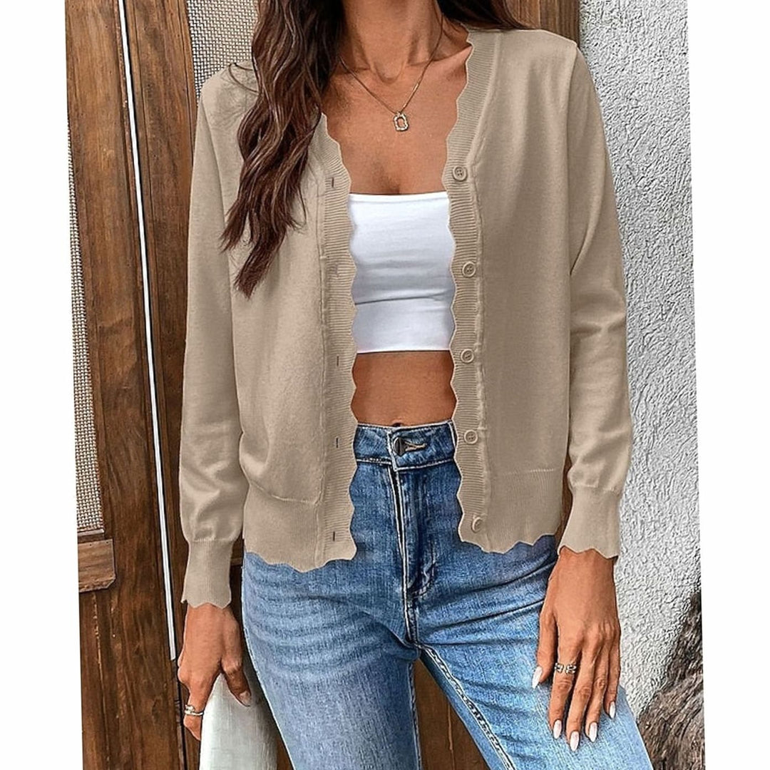 Women's Scalloped-Edge V-Neck Button-Front Knit Cardigan - Khaki