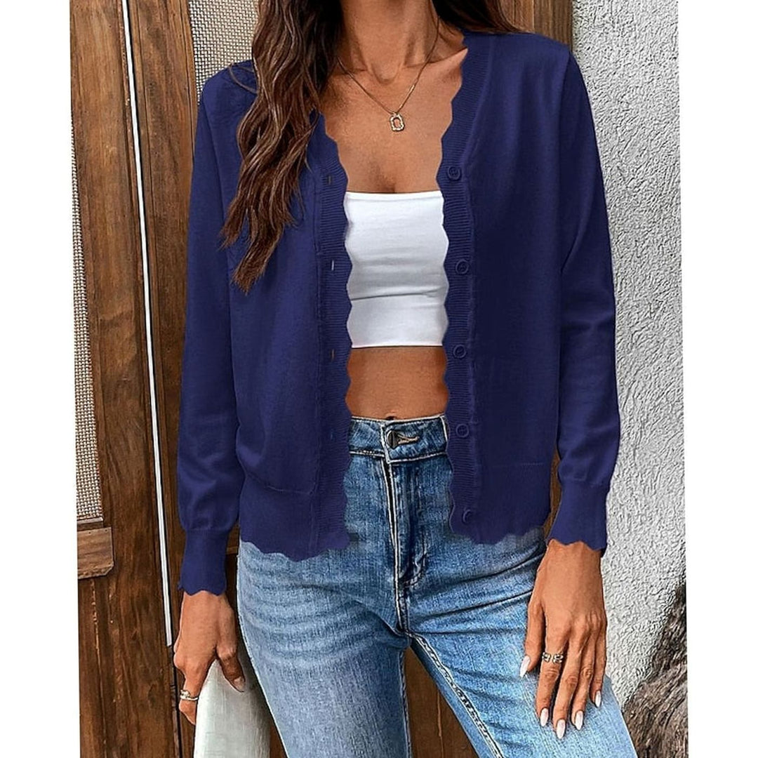 Women's Scalloped-Edge V-Neck Button-Front Knit Cardigan - Navy Blue