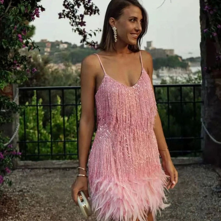 Women's Sequin Fringe Feather Spaghetti Strap Cocktail Dress - Light Pink