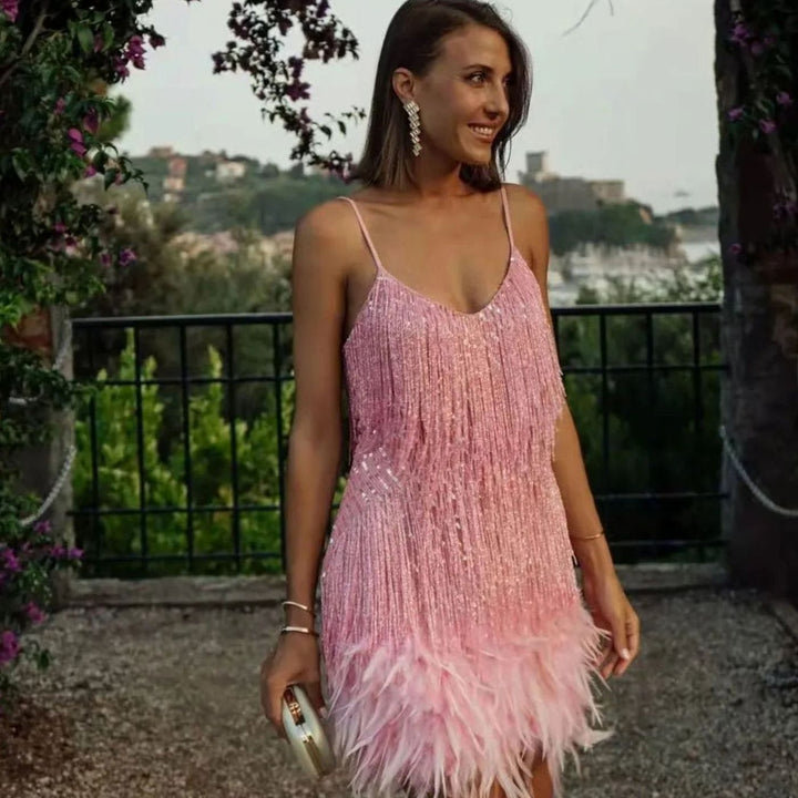 Women's Sequin Fringe Feather Spaghetti Strap Cocktail Dress - Light Pink