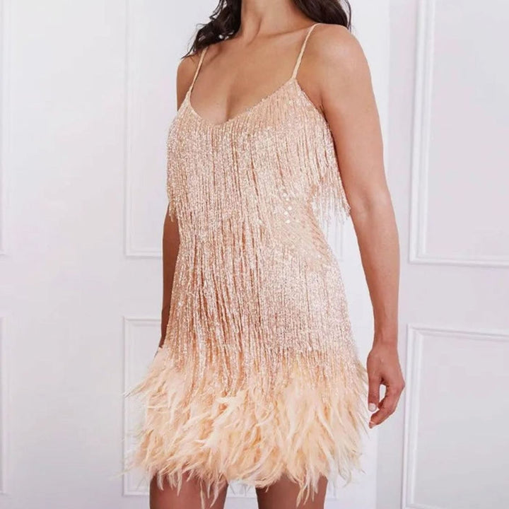 Women's Sequin Fringe Feather Spaghetti Strap Cocktail Dress - Beige