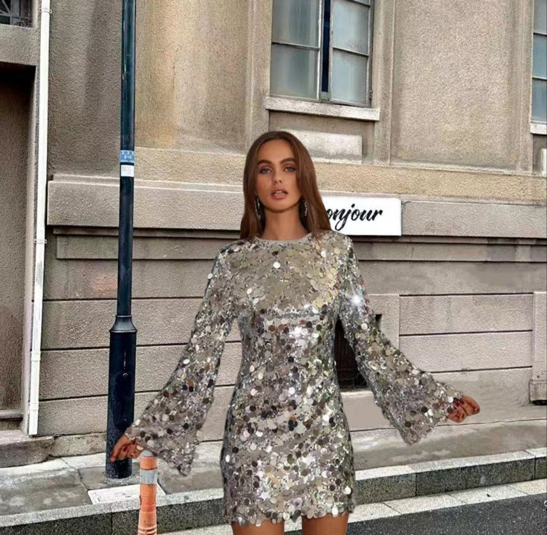 Women's Sequin Long-Sleeve Mini Cocktail Dress - Silver