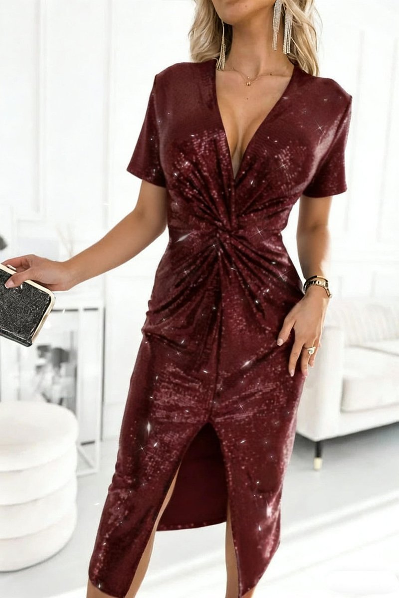 Women's Sequin Long Sleeve Twist-Front Slit Cocktail Dress - Bordeaux
