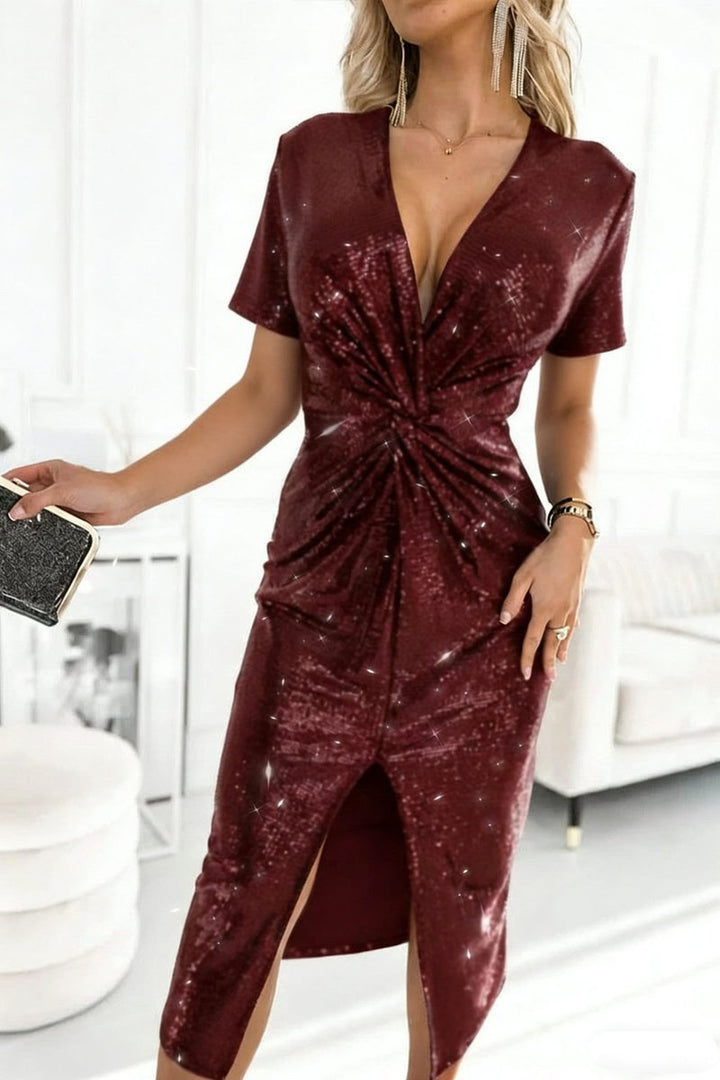 Women's Sequin Long Sleeve Twist-Front Slit Cocktail Dress - Bordeaux