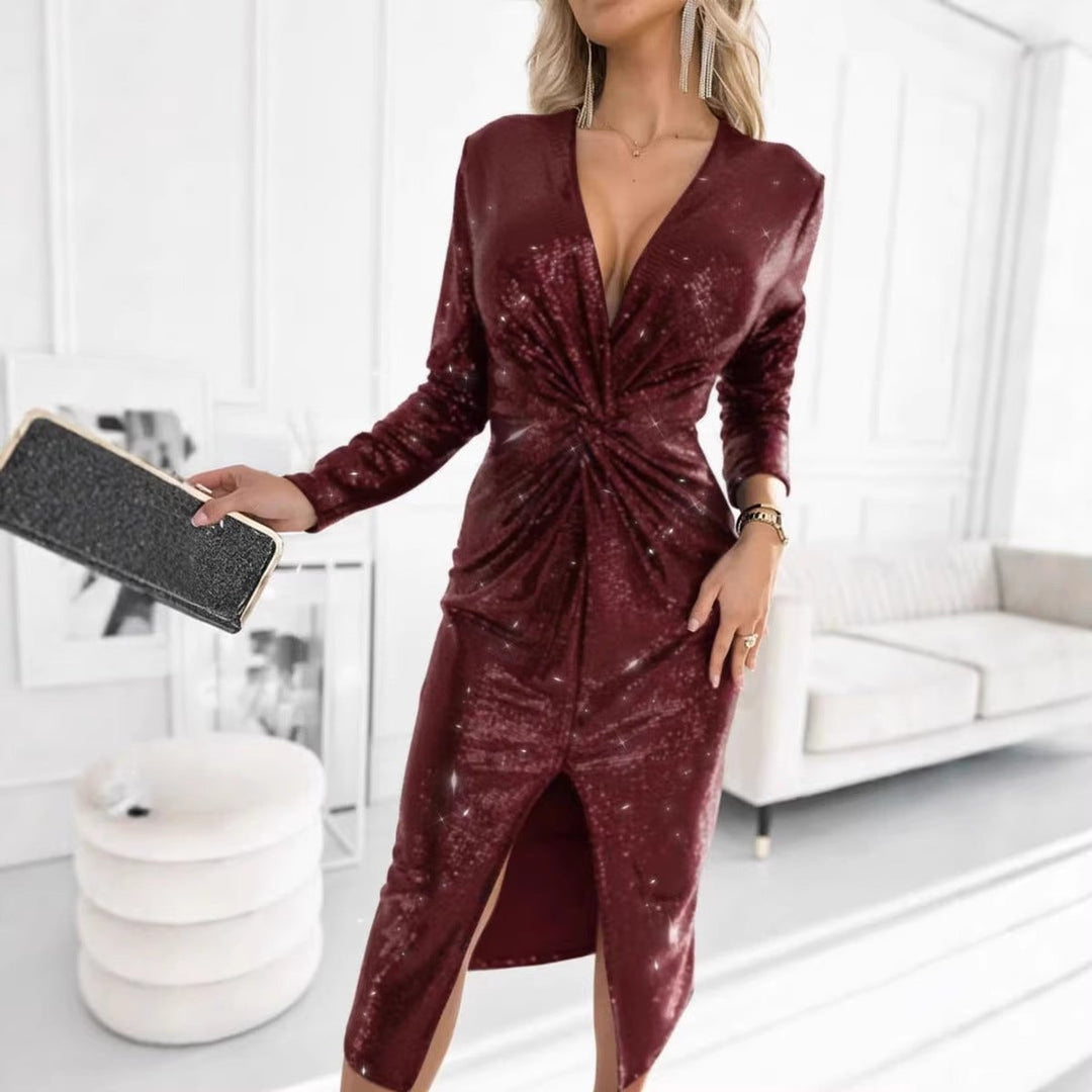 Women's Sequin Long Sleeve Twist-Front Slit Cocktail Dress