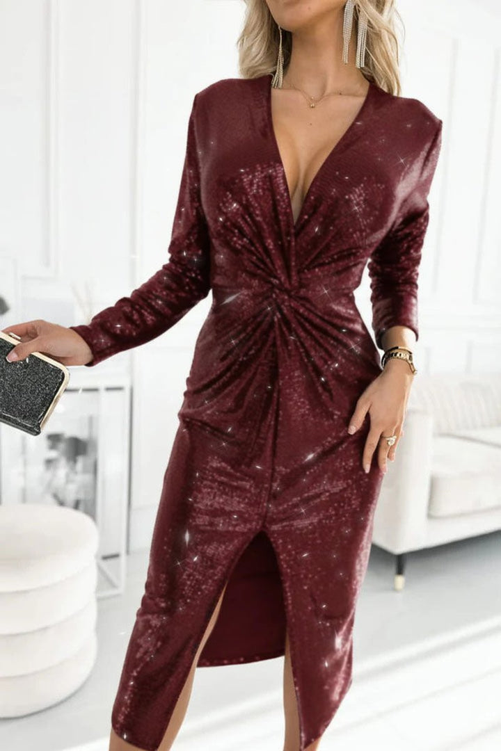 Women's Sequin Long Sleeve Twist-Front Slit Cocktail Dress - Red