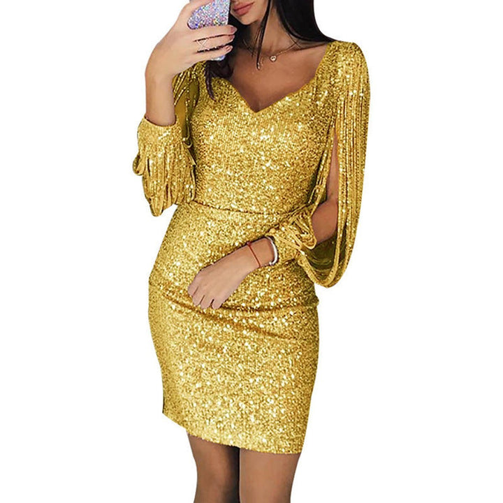 Women's Sequin Tassel-Sleeve V-Neck Mini Cocktail Dress - Gold