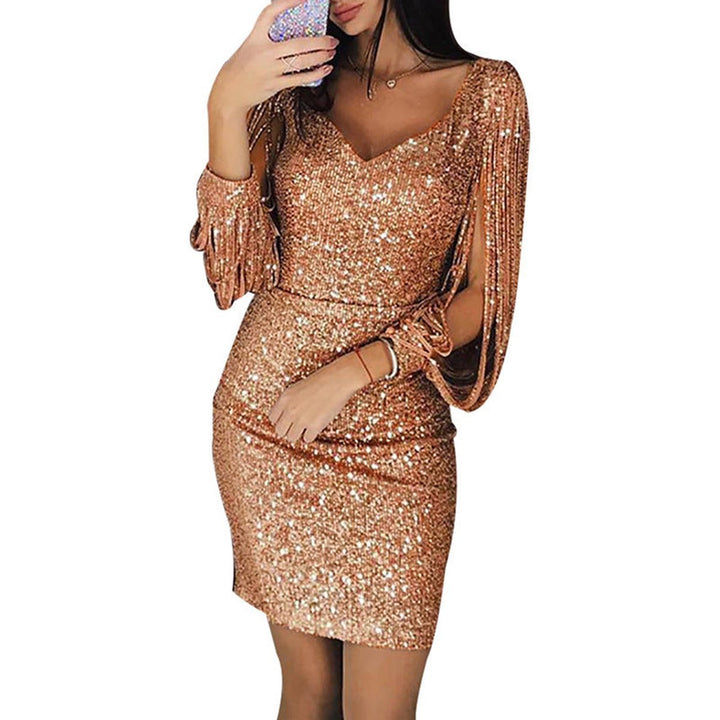 Women's Sequin Tassel-Sleeve V-Neck Mini Cocktail Dress