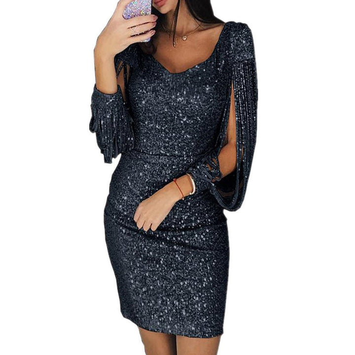 Women's Sequin Tassel-Sleeve V-Neck Mini Cocktail Dress