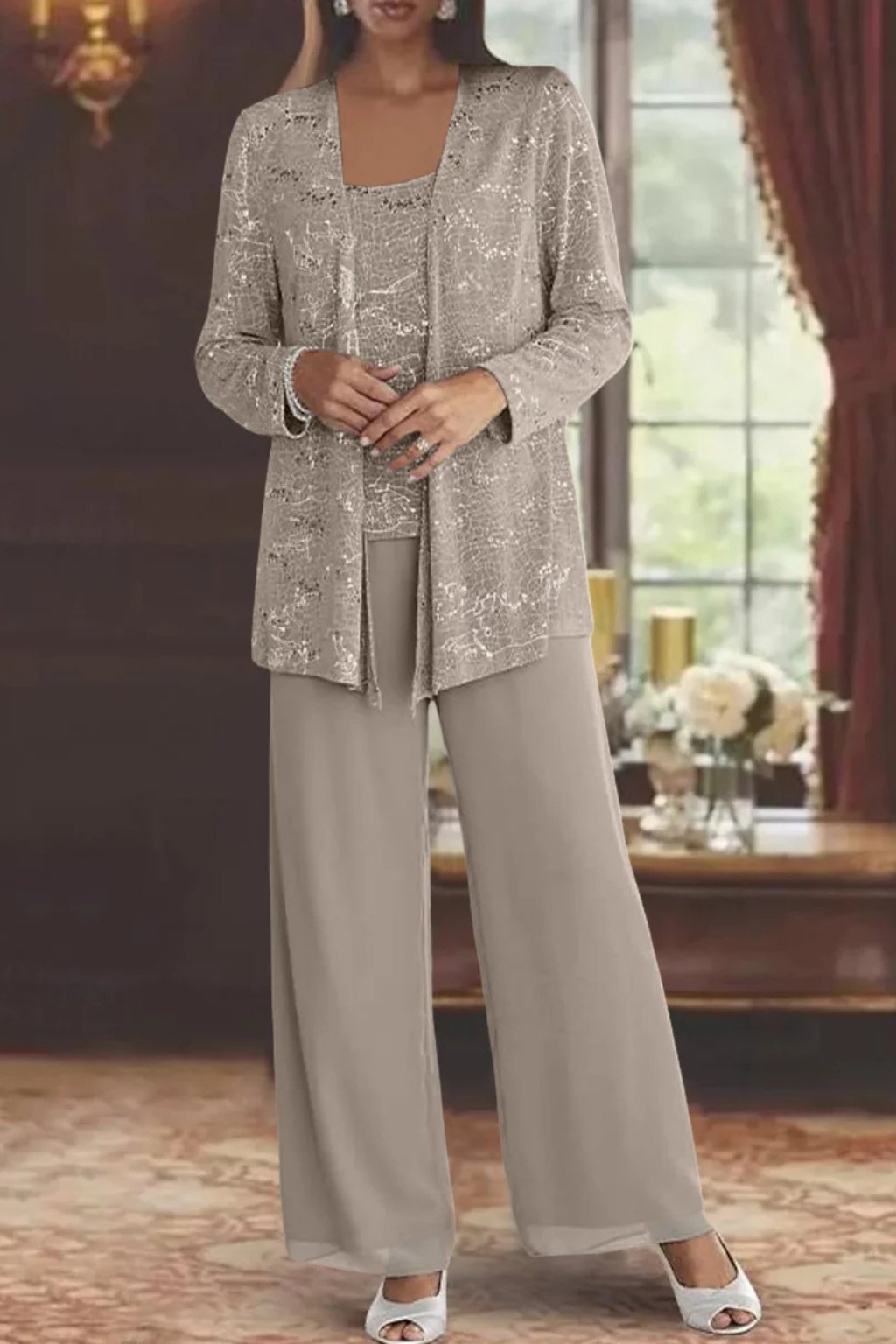 Women's Sequin Three-Piece Wide-Leg Pants Set Long-Sleeve Jacket