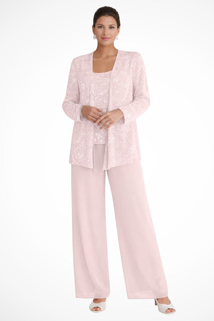 Women's Sequin Three-Piece Wide-Leg Pants Set Long-Sleeve Jacket - Light Pink