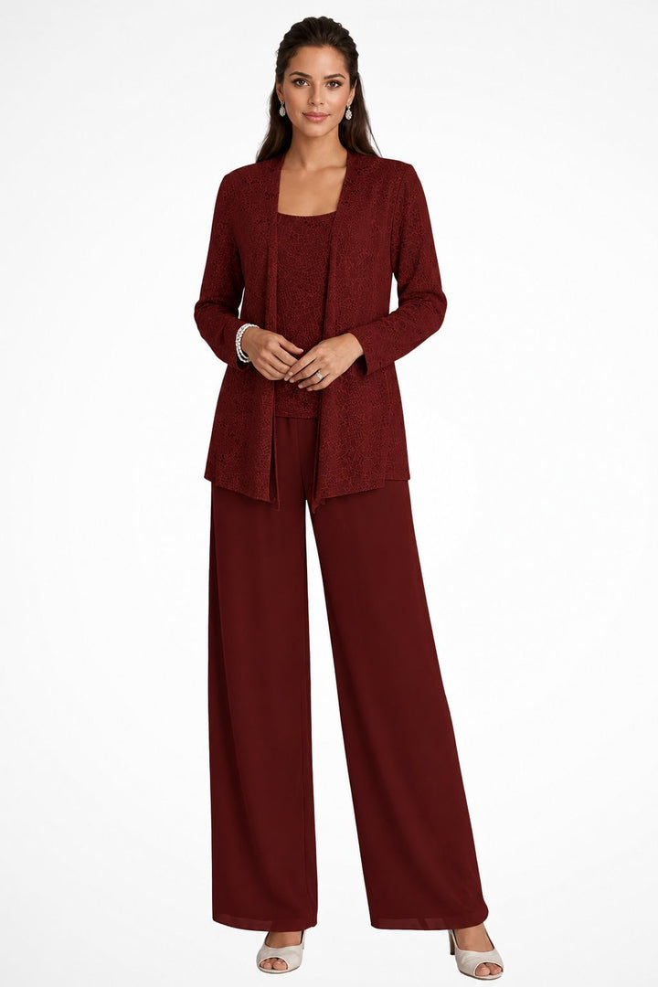 Women's Sequin Three-Piece Wide-Leg Pants Set Long-Sleeve Jacket - Burgundy