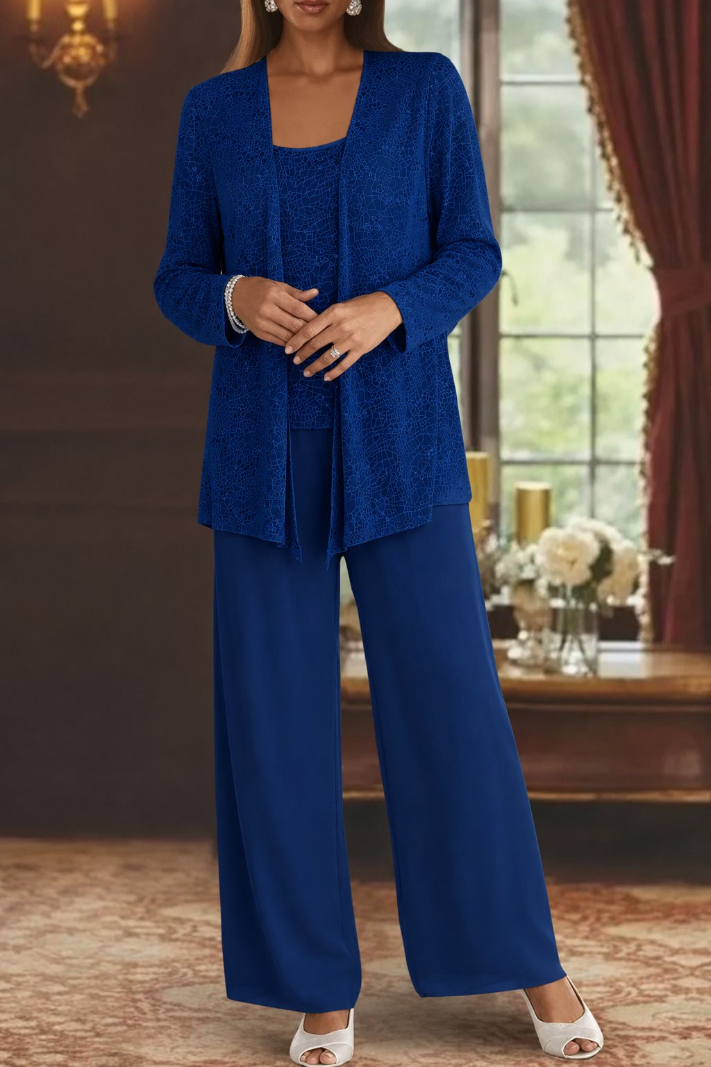 Women's Sequin Three-Piece Wide-Leg Pants Set Long-Sleeve Jacket
