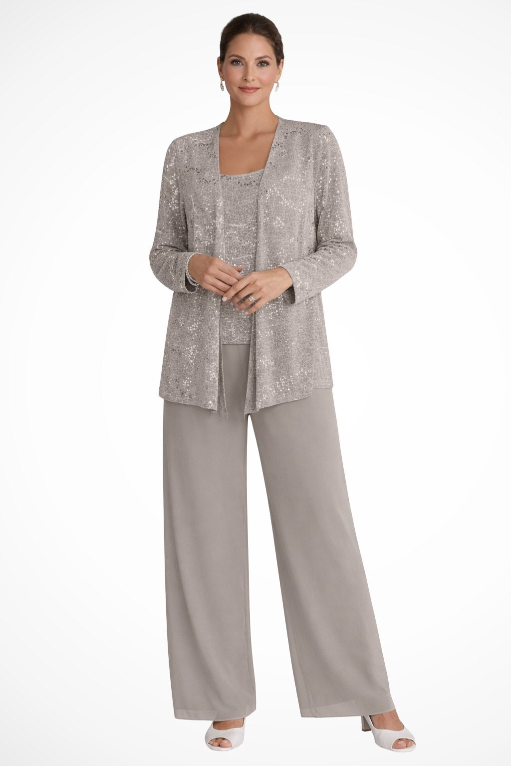 Women's Sequin Three-Piece Wide-Leg Pants Set Long-Sleeve Jacket - Beige