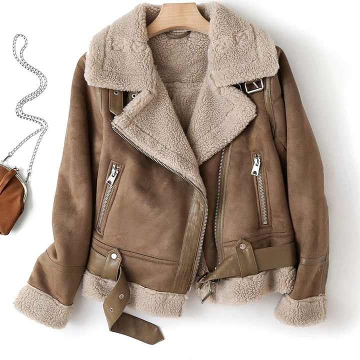 Women's Shearling-Lined Suede Belted Moto Jacket - Brown