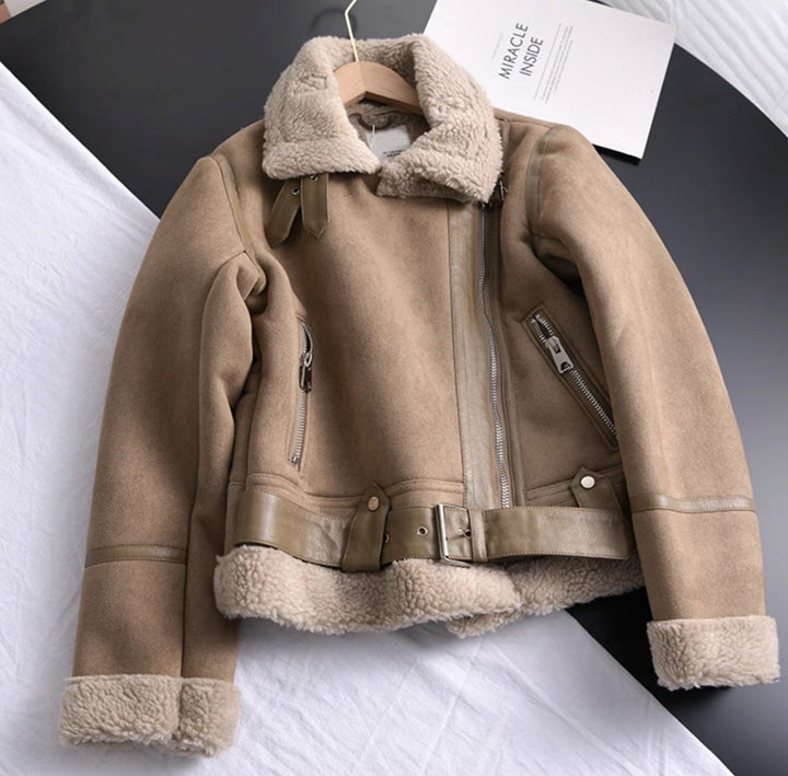 Women's Shearling-Lined Suede Belted Moto Jacket