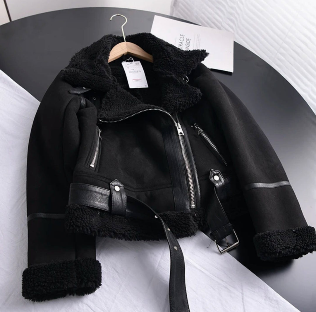 Women's Shearling-Lined Suede Belted Moto Jacket