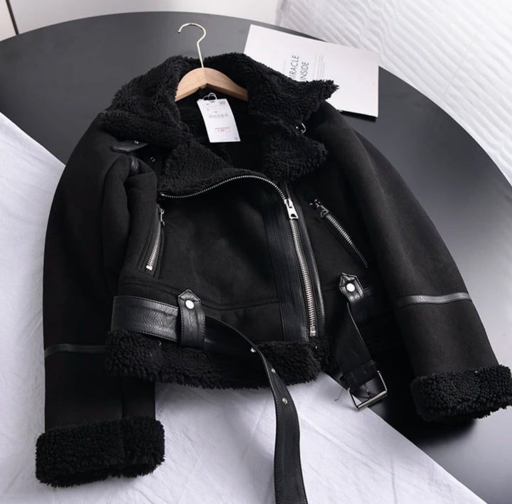 Women's Shearling-Lined Suede Belted Moto Jacket