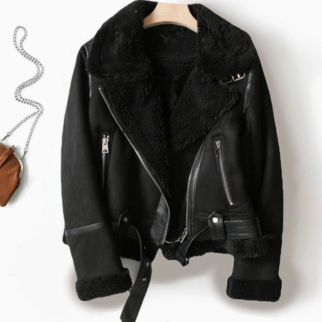 Women's Shearling-Lined Suede Belted Moto Jacket - Black