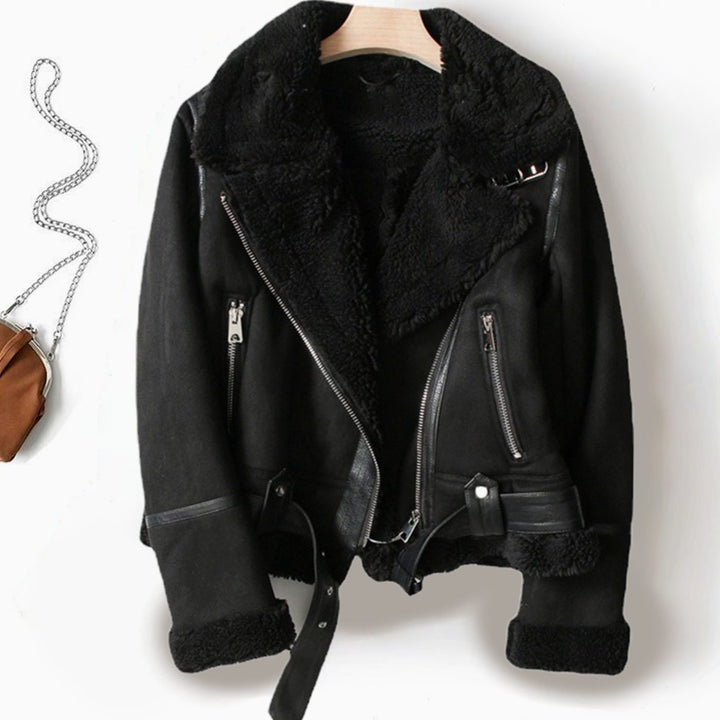 Women's Shearling-Lined Suede Belted Moto Jacket - Black