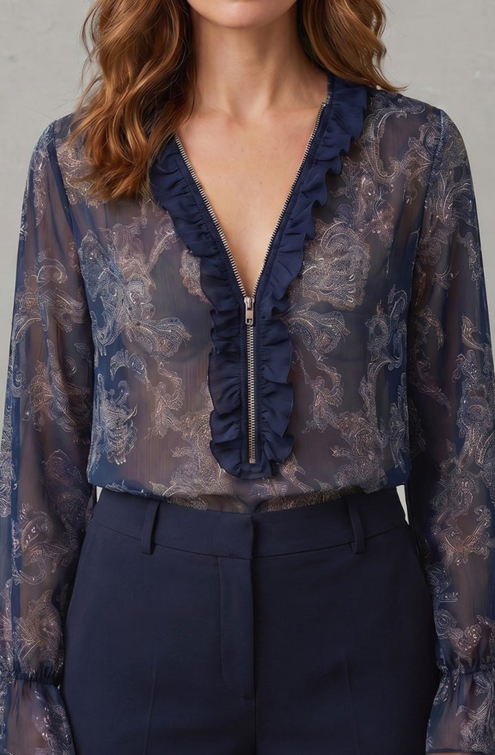 Women's Sheer Chiffon Paisley Ruffle V-Neck Long-Sleeve Blouse - Navy Blue