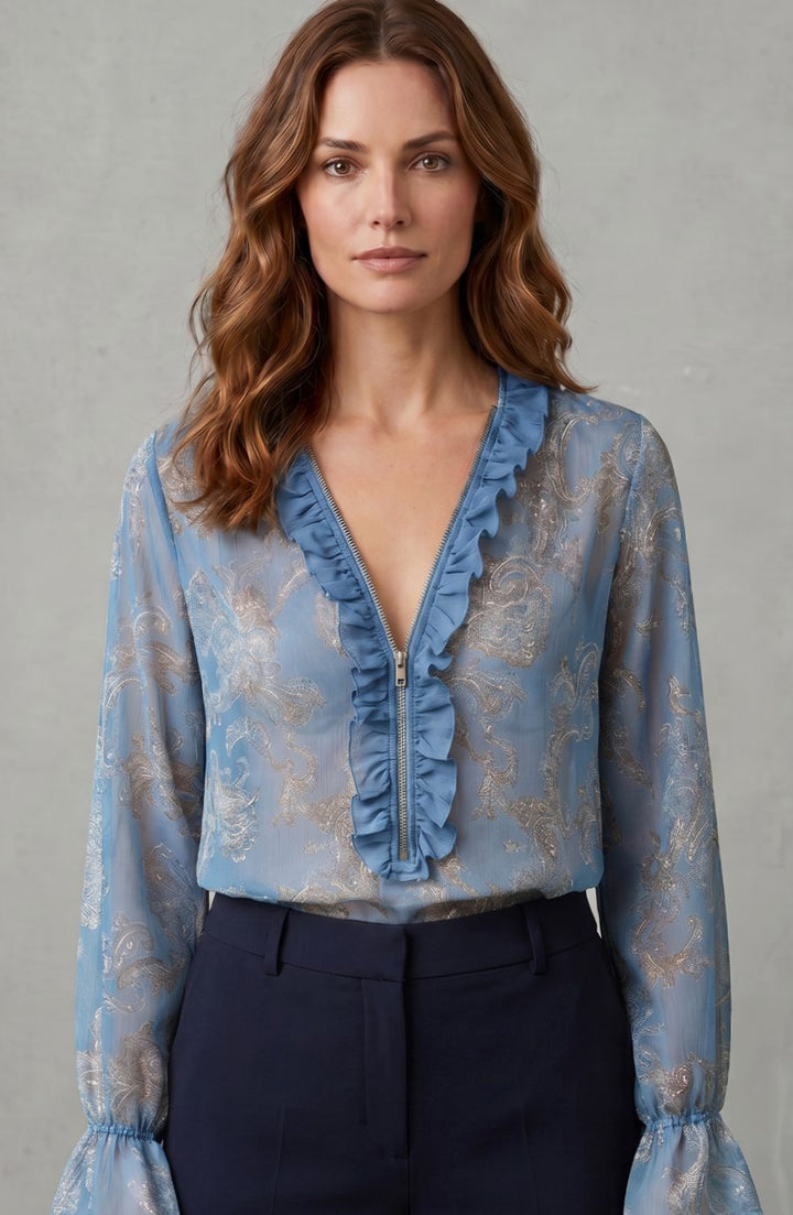 Women's Sheer Chiffon Paisley Ruffle V-Neck Long-Sleeve Blouse