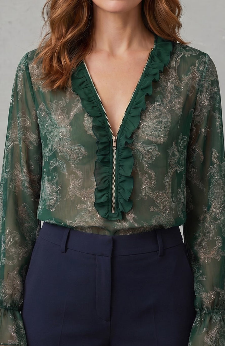 Women's Sheer Chiffon Paisley Ruffle V-Neck Long-Sleeve Blouse - Olive Green