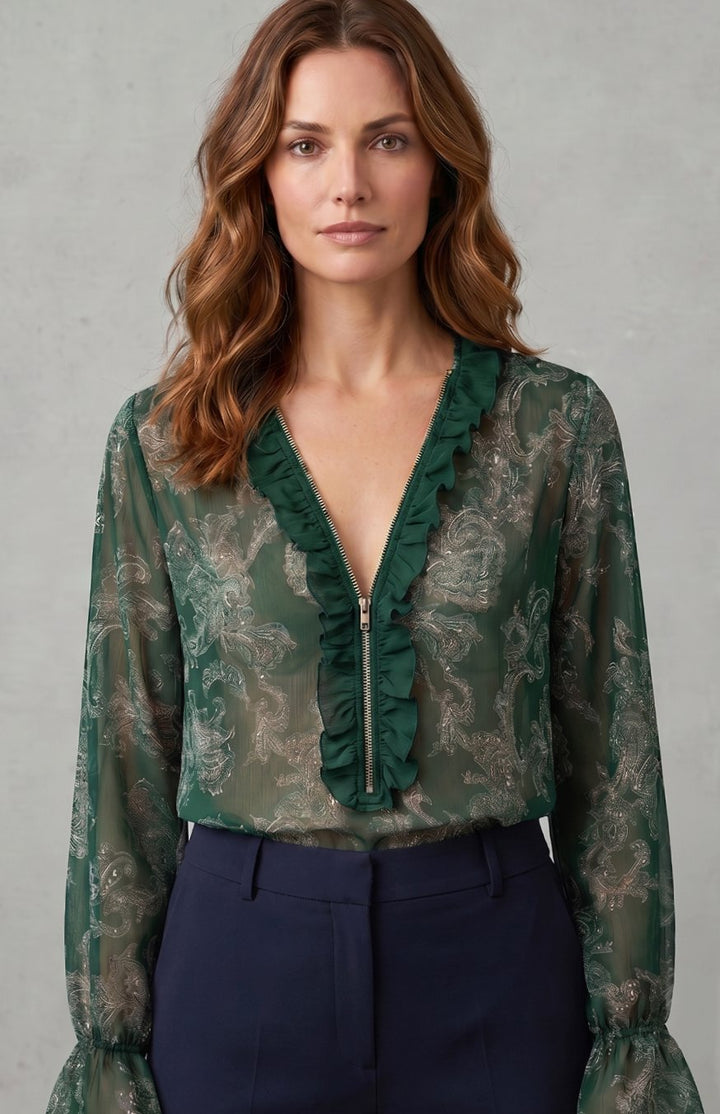 Women's Sheer Chiffon Paisley Ruffle V-Neck Long-Sleeve Blouse