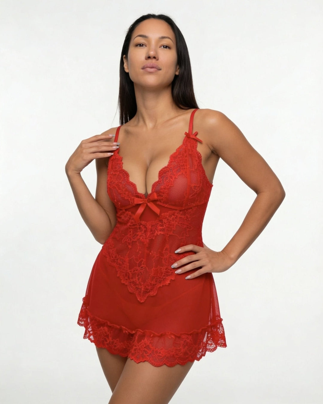 Women's Sheer Mesh Floral Lace Scallop-Hem Chemise