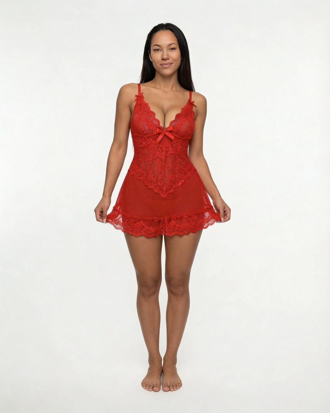 Women's Sheer Mesh Floral Lace Scallop-Hem Chemise