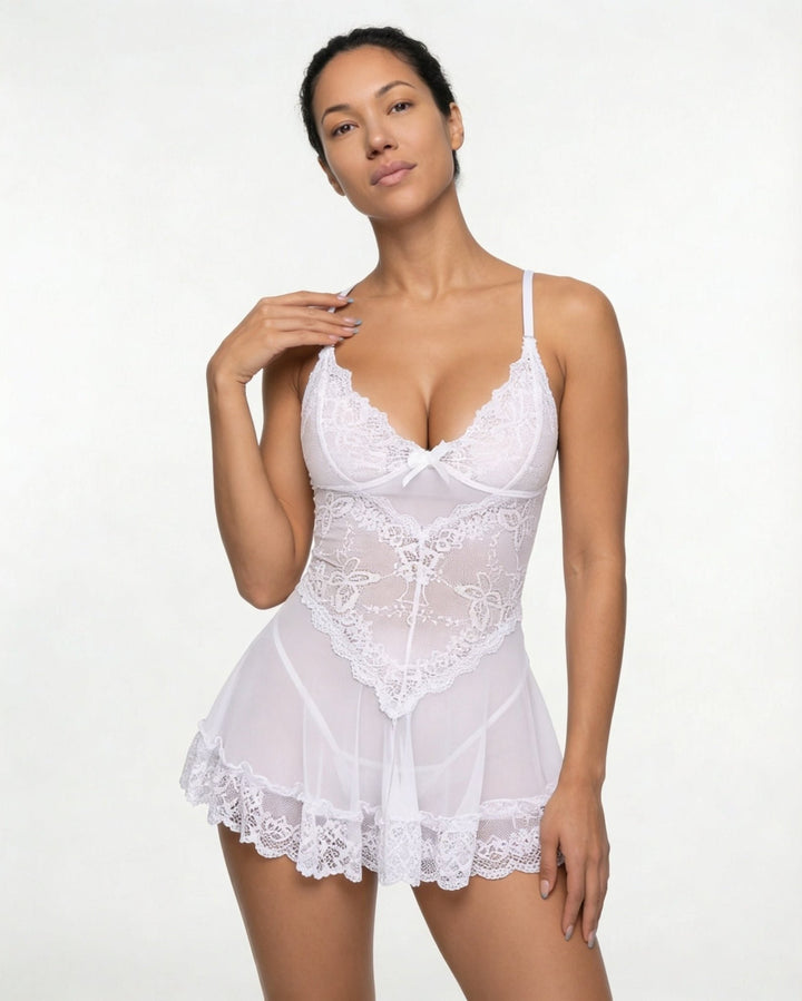 Women's Sheer Mesh Floral Lace Scallop-Hem Chemise