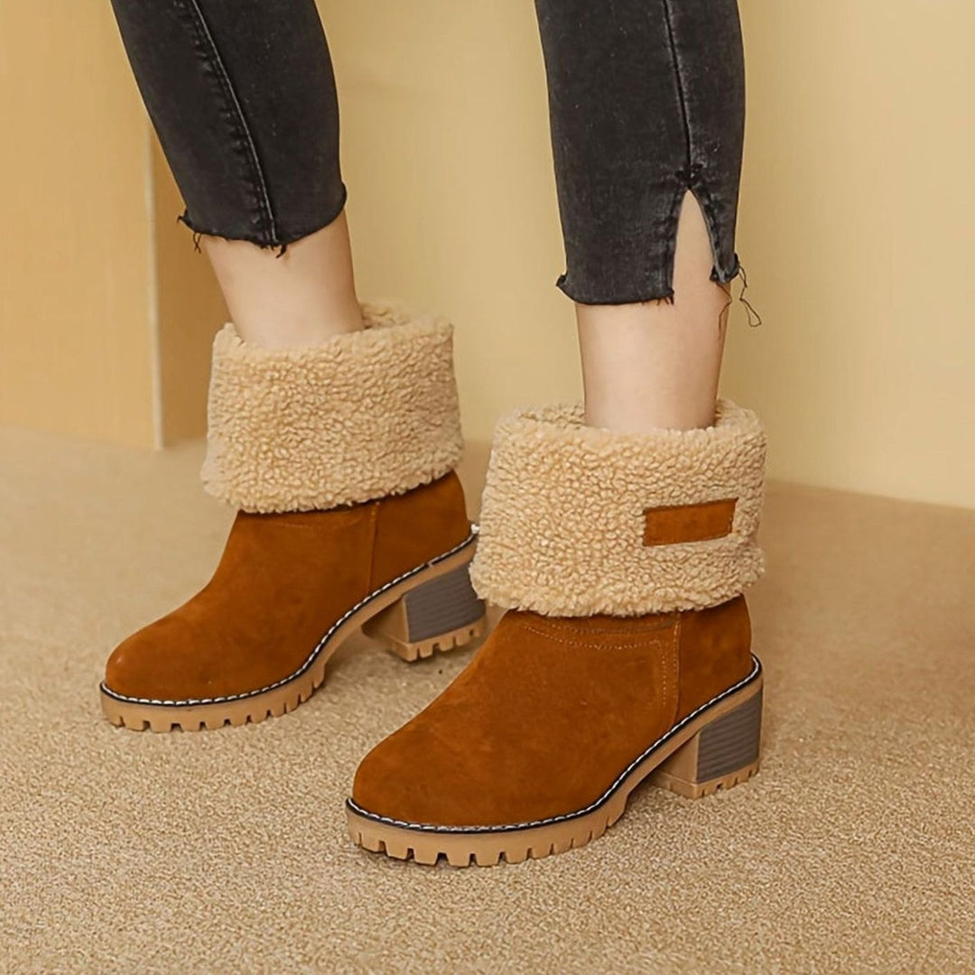 Women's Sherpa-Cuffed Slip-On Winter Snow Ankle Boots Block Heel
