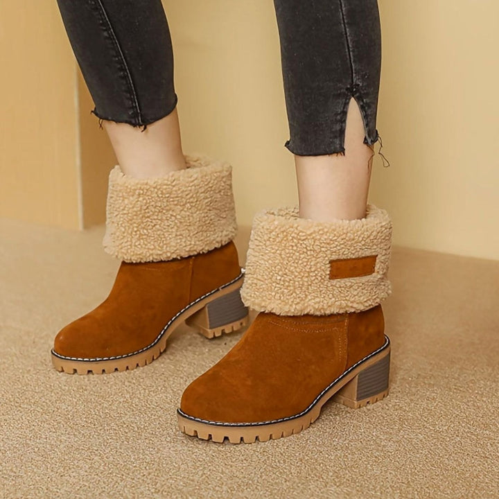 Women's Sherpa-Cuffed Slip-On Winter Snow Ankle Boots Block Heel