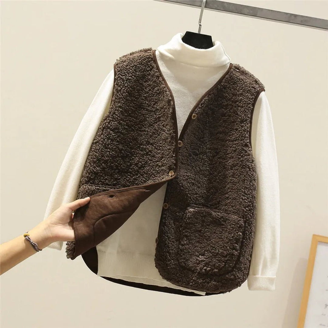 Women's Sherpa Fleece Button-Front Puffer Vest - Brown