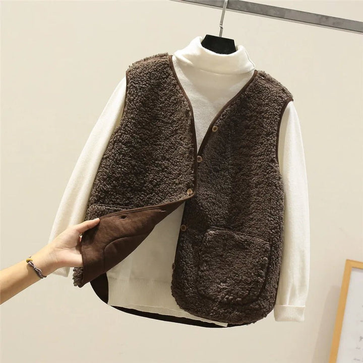 Women's Sherpa Fleece Button-Front Puffer Vest - Brown