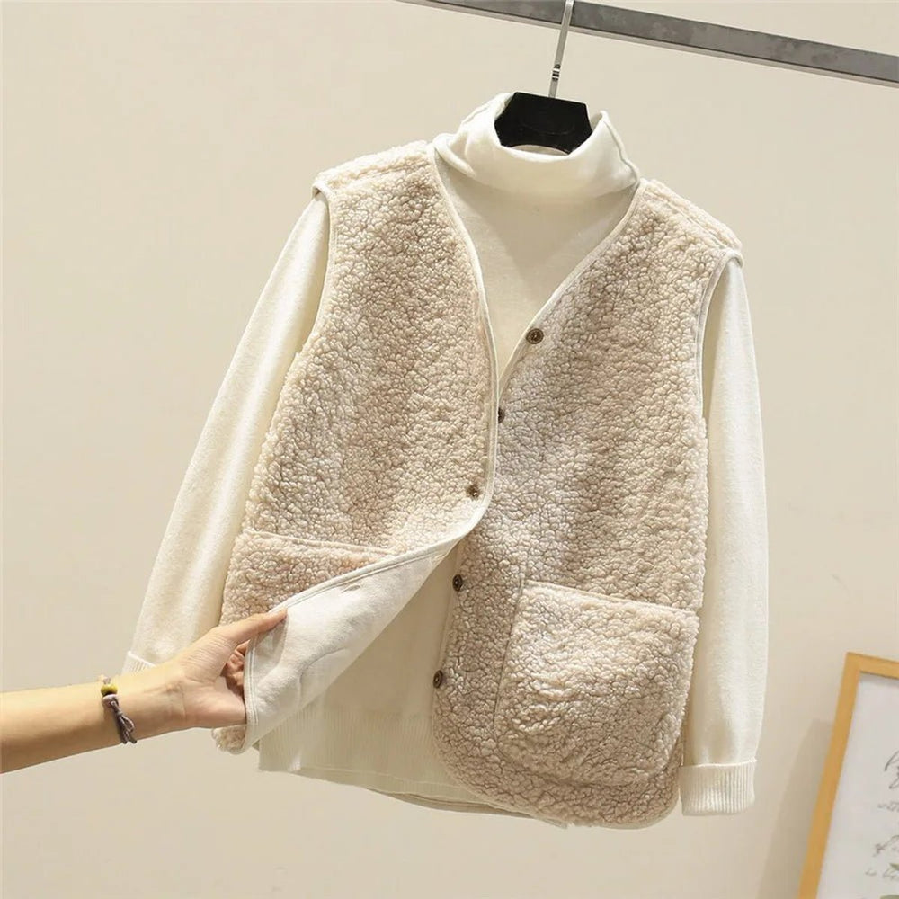 Women's Sherpa Fleece Button-Front Puffer Vest - Beige