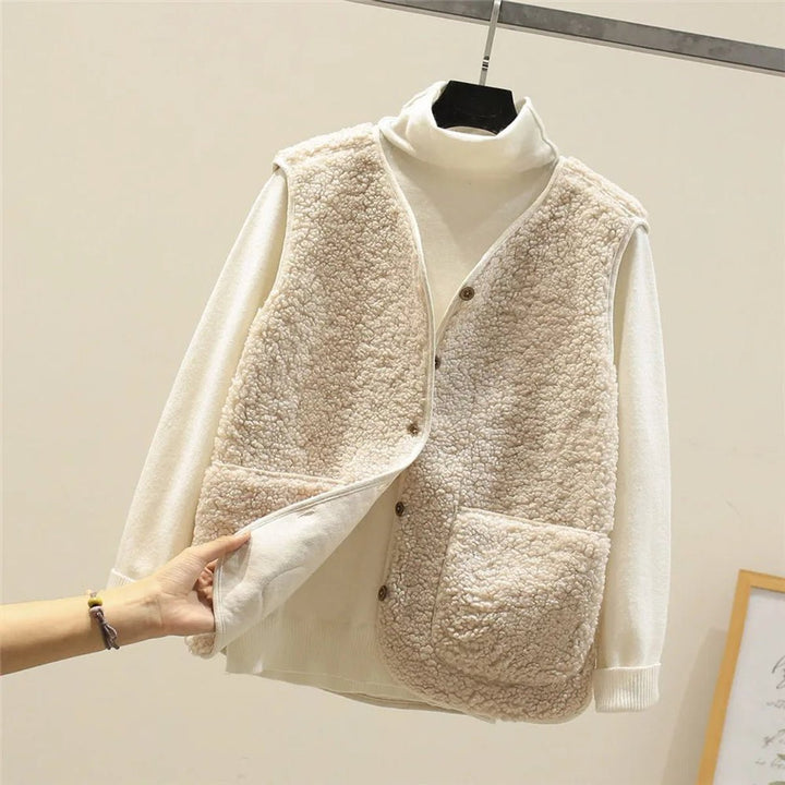 Women's Sherpa Fleece Button-Front Puffer Vest - Beige