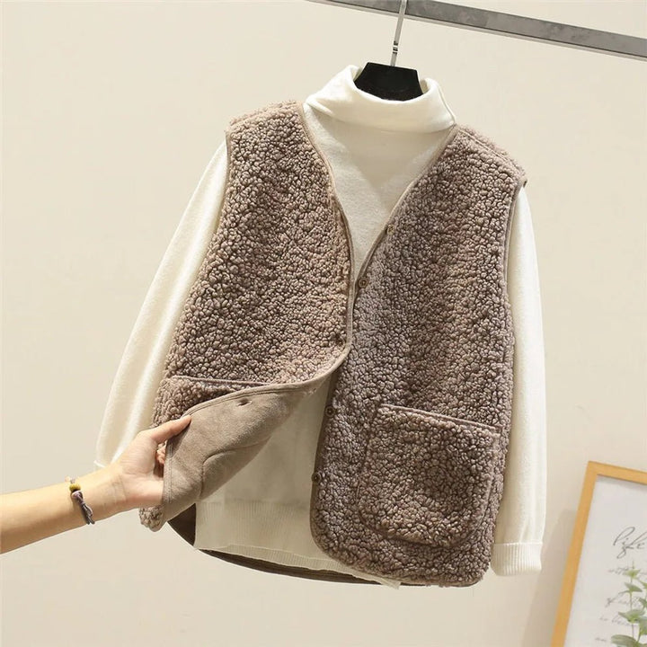 Women's Sherpa Fleece Button-Front Puffer Vest - Khaki
