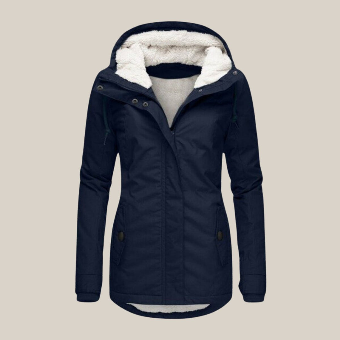 Women's Sherpa-Lined Hooded Quilted Jacket Windproof Zip-Up Parka - Blue